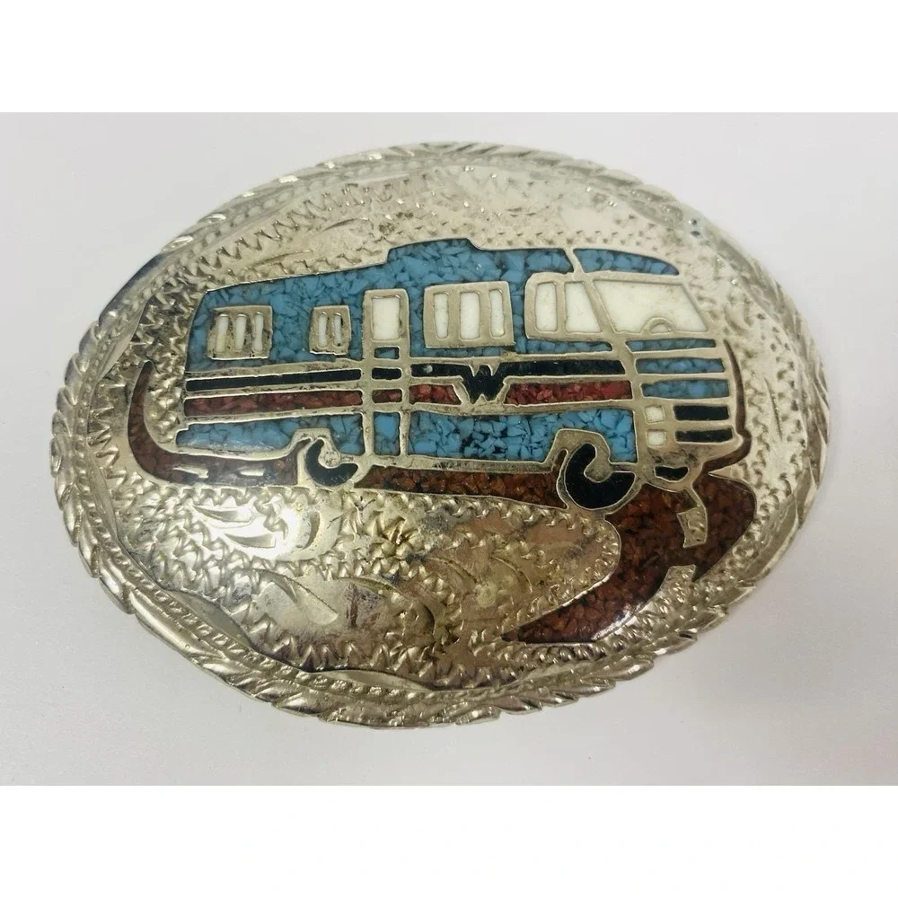 Motorhome RV Belt Buckle Turquoise‎ and Coral Chip Inlay Silver Tone